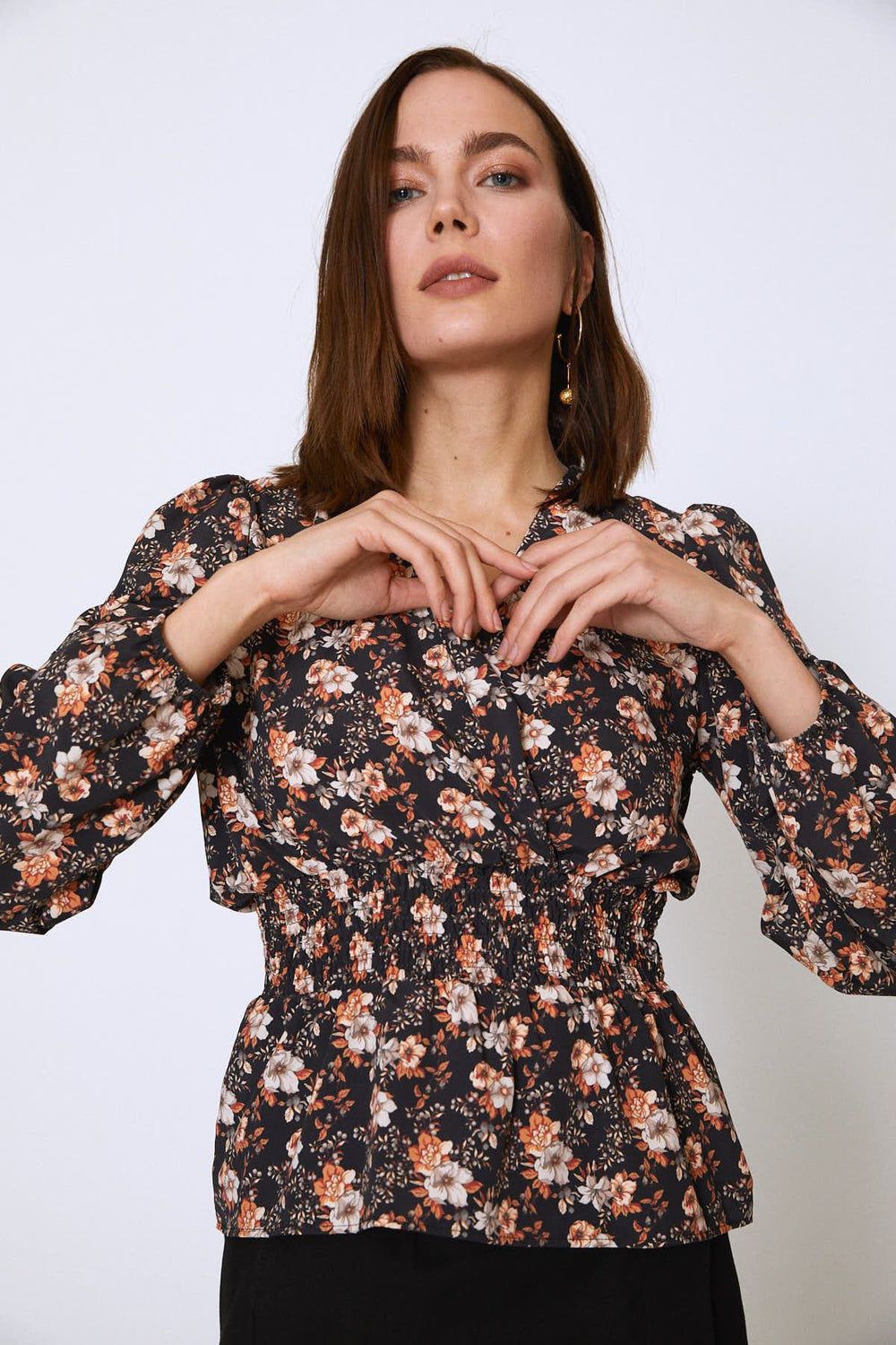 Floral Patterned Blouse Orange with Gipe Waist