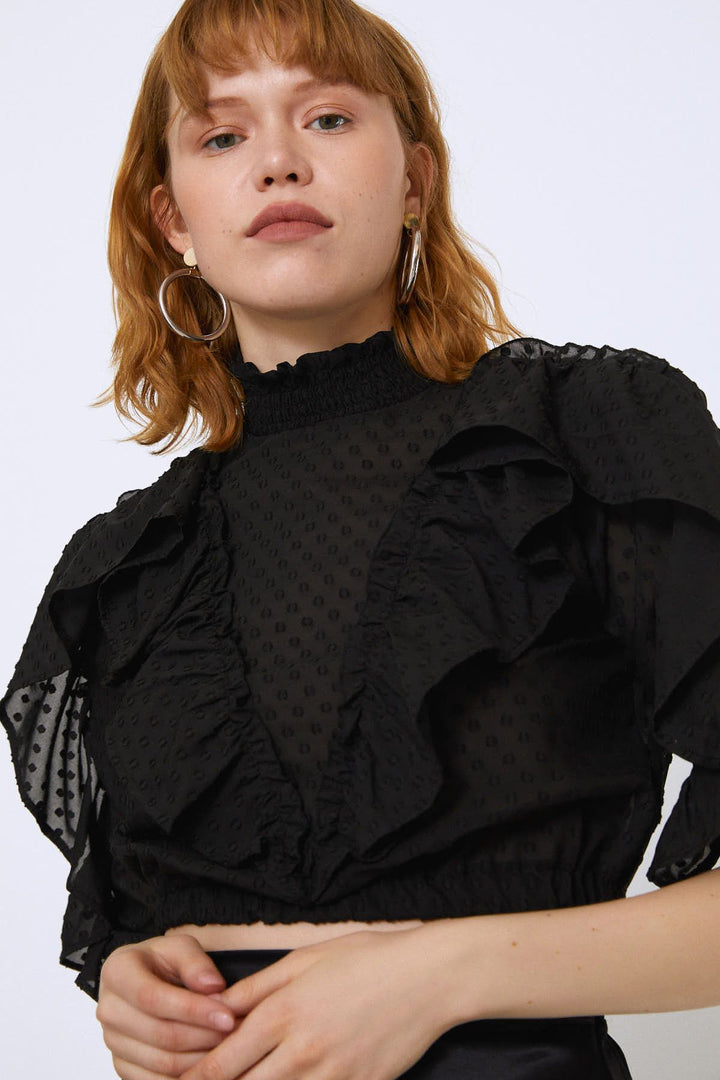 Fırfırlı Beli Lastikli Crop Bluz Siyah