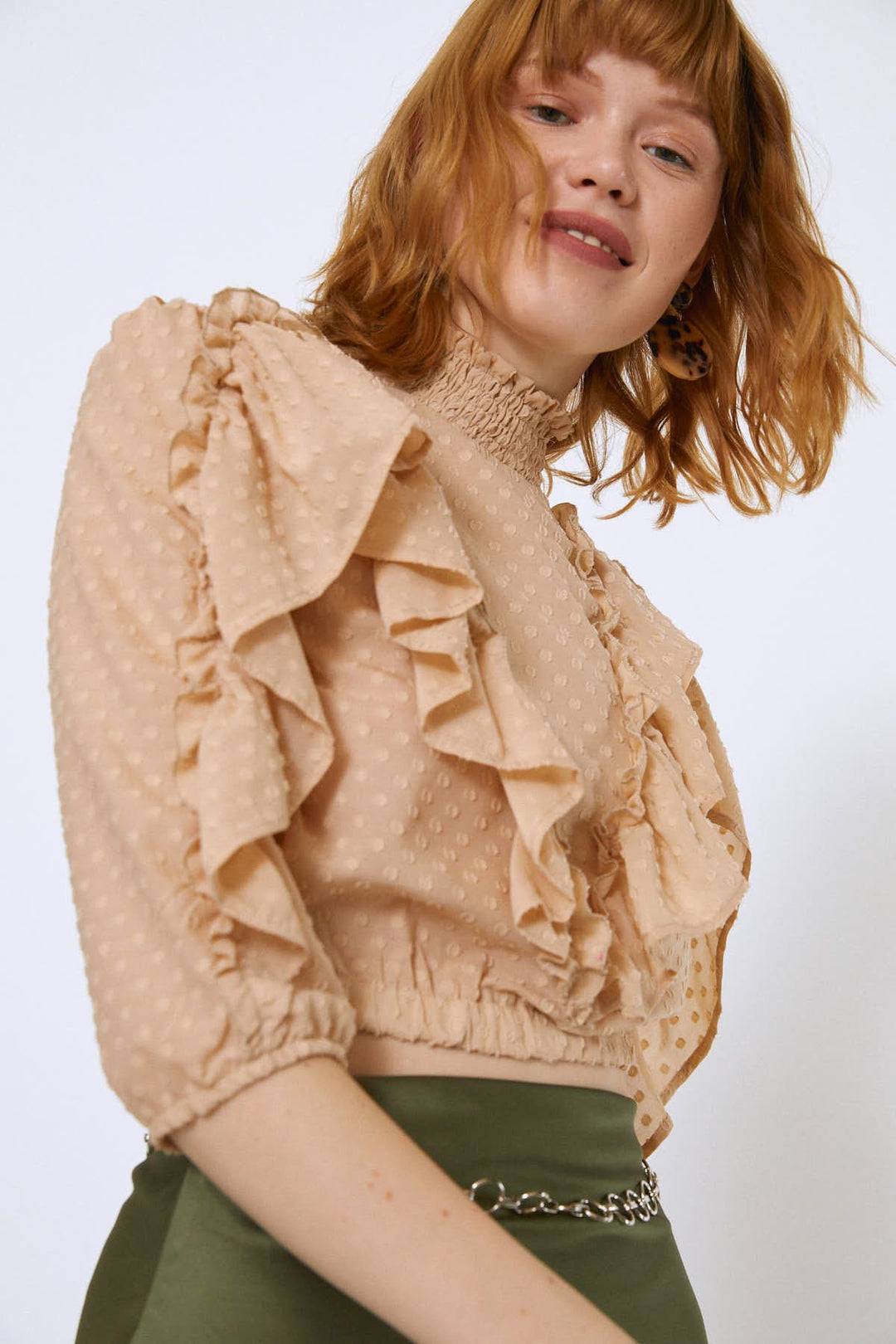 Fırfırlı Beli Lastikli Crop Bluz Bej