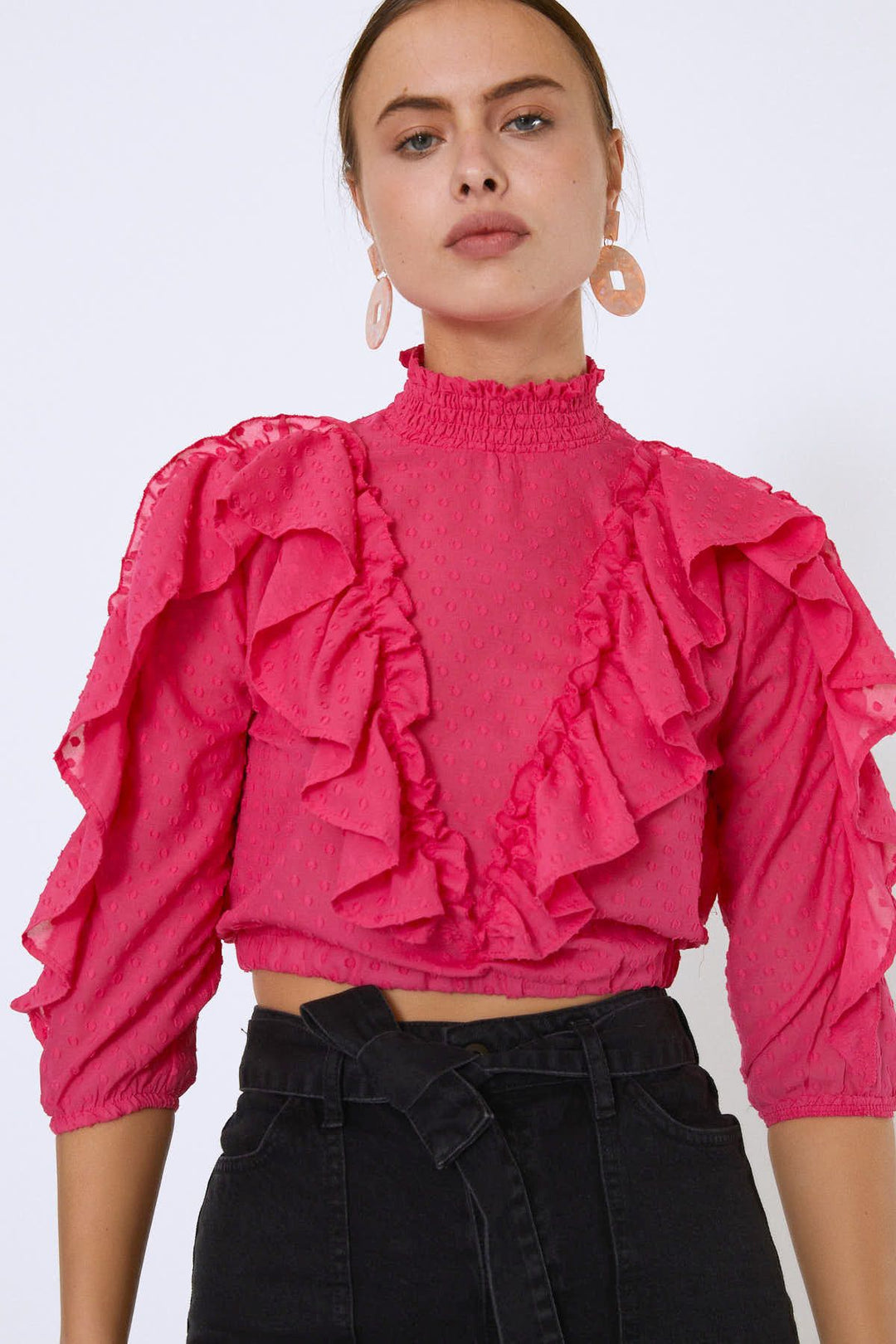 Fırfırlı Beli Lastikli Crop Bluz Fuşya
