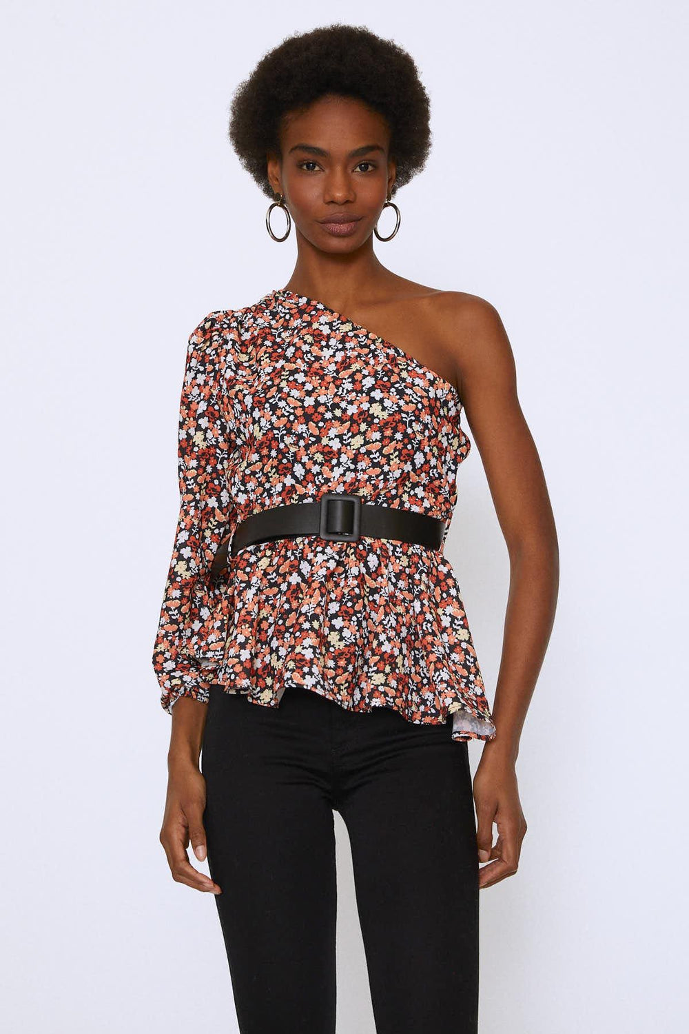 One Shoulder Waist Belted Blouse Orange