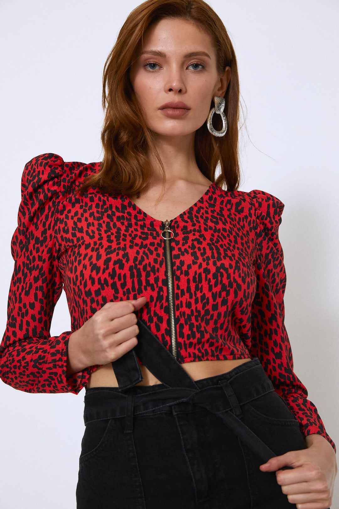 Karpuz Kol Önü Fermuarlı Bluz Mercan