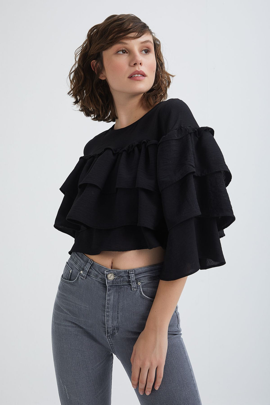 Translucent Ruffled Cropped Blouse Ruffle Crop Blouse Black – QUZU