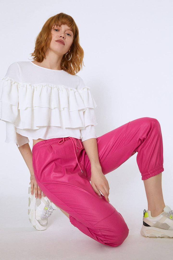 Fırfırlı Crop Bluz Ekru