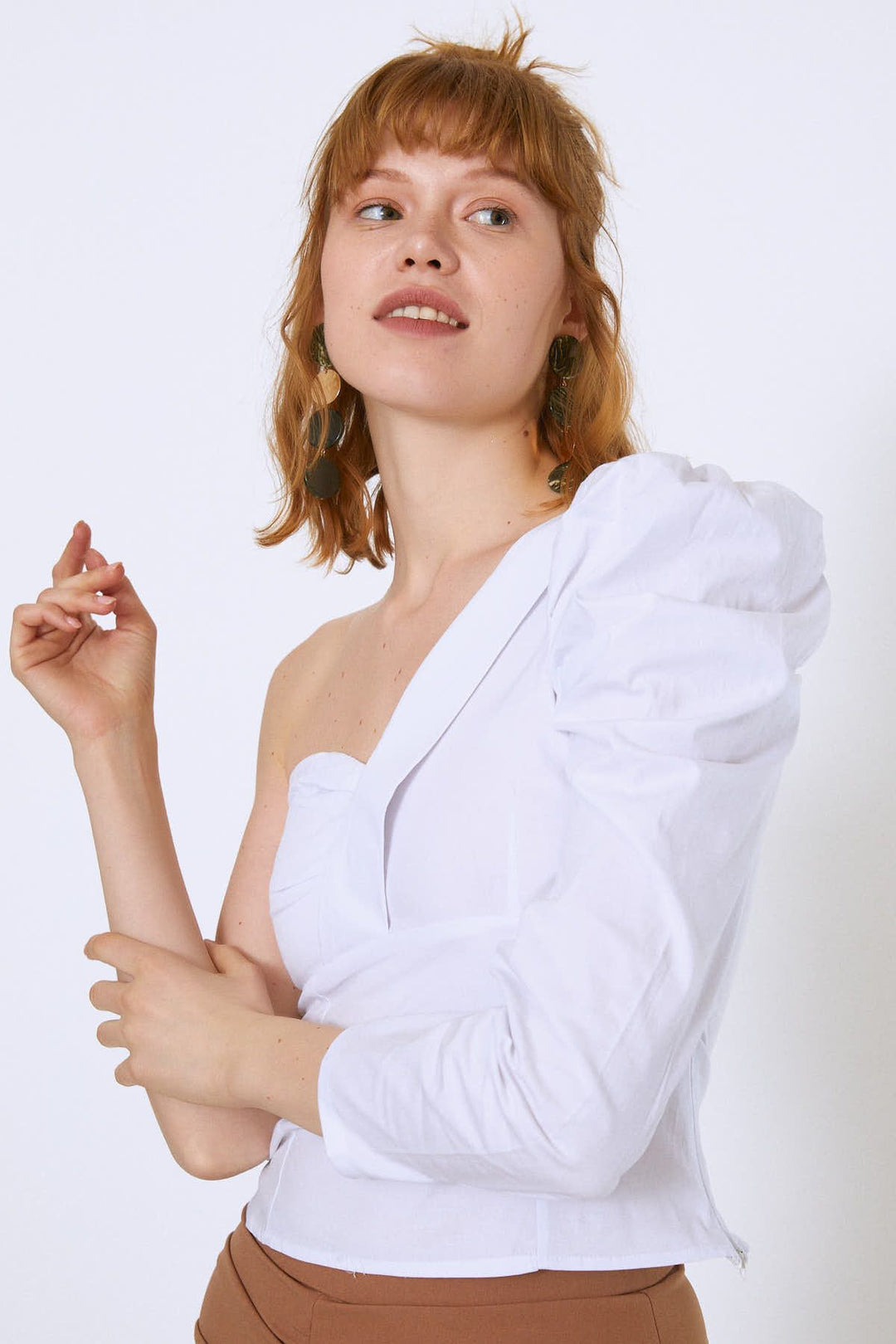 Tek Omuz Crop Bluz Ekru