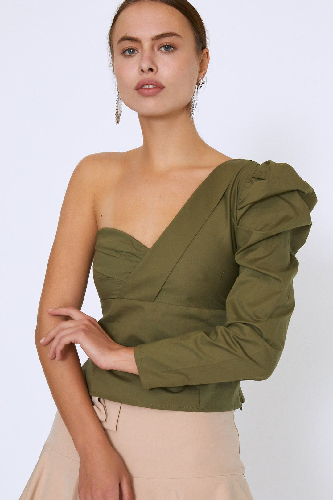 One Shoulder Crop Blouse Khaki