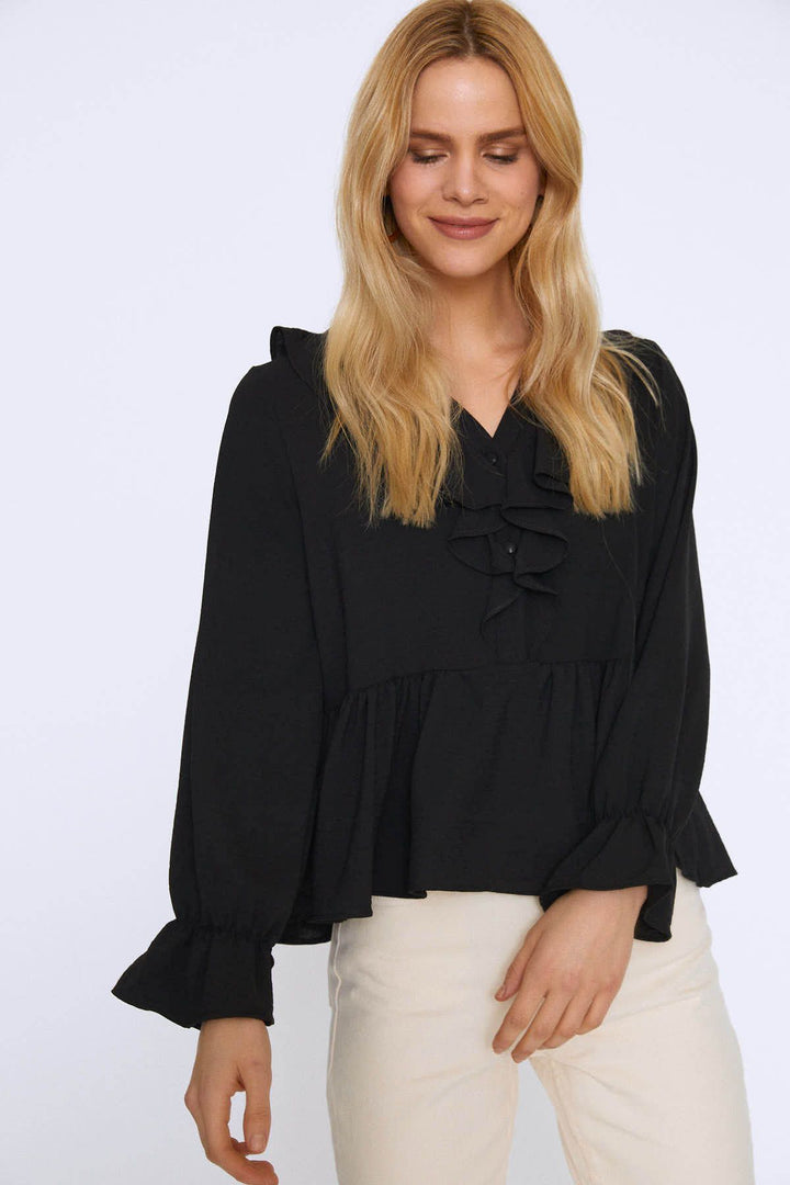 Önü Fırfırlı V Yaka Bluz Siyah