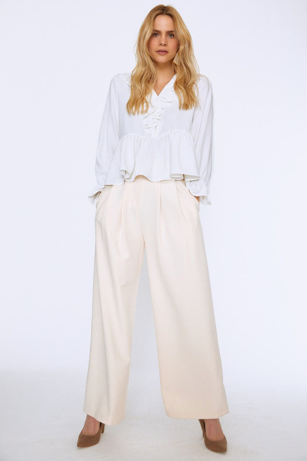 Ruffle Front V Neck Blouse Ecru