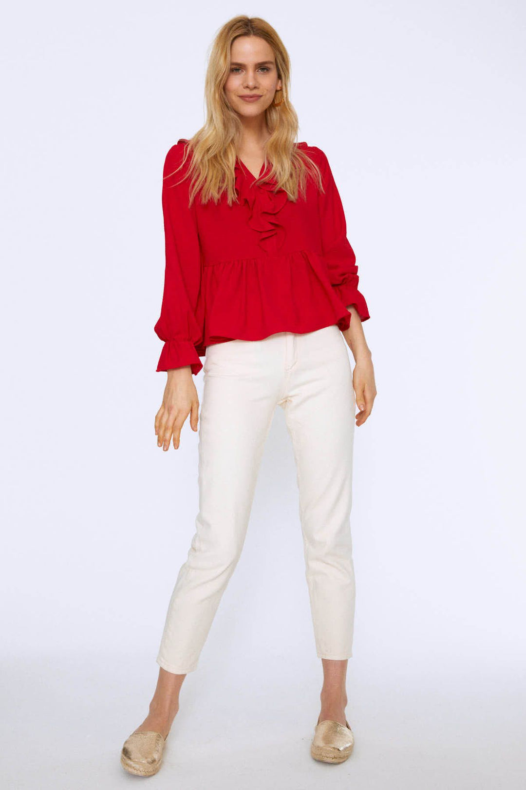 Ruffle Front V Neck Blouse Red