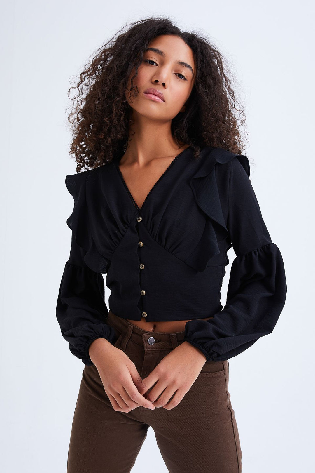 Button Front V-Neck Ruffle Blouse Black