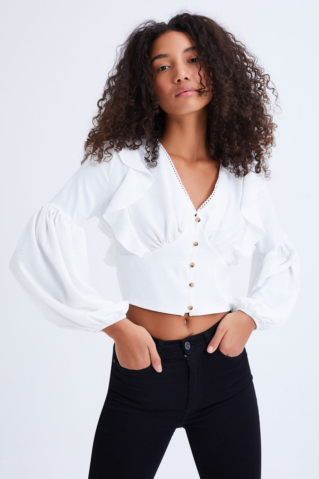 Button Front V-Neck Frilled Blouse Ecru