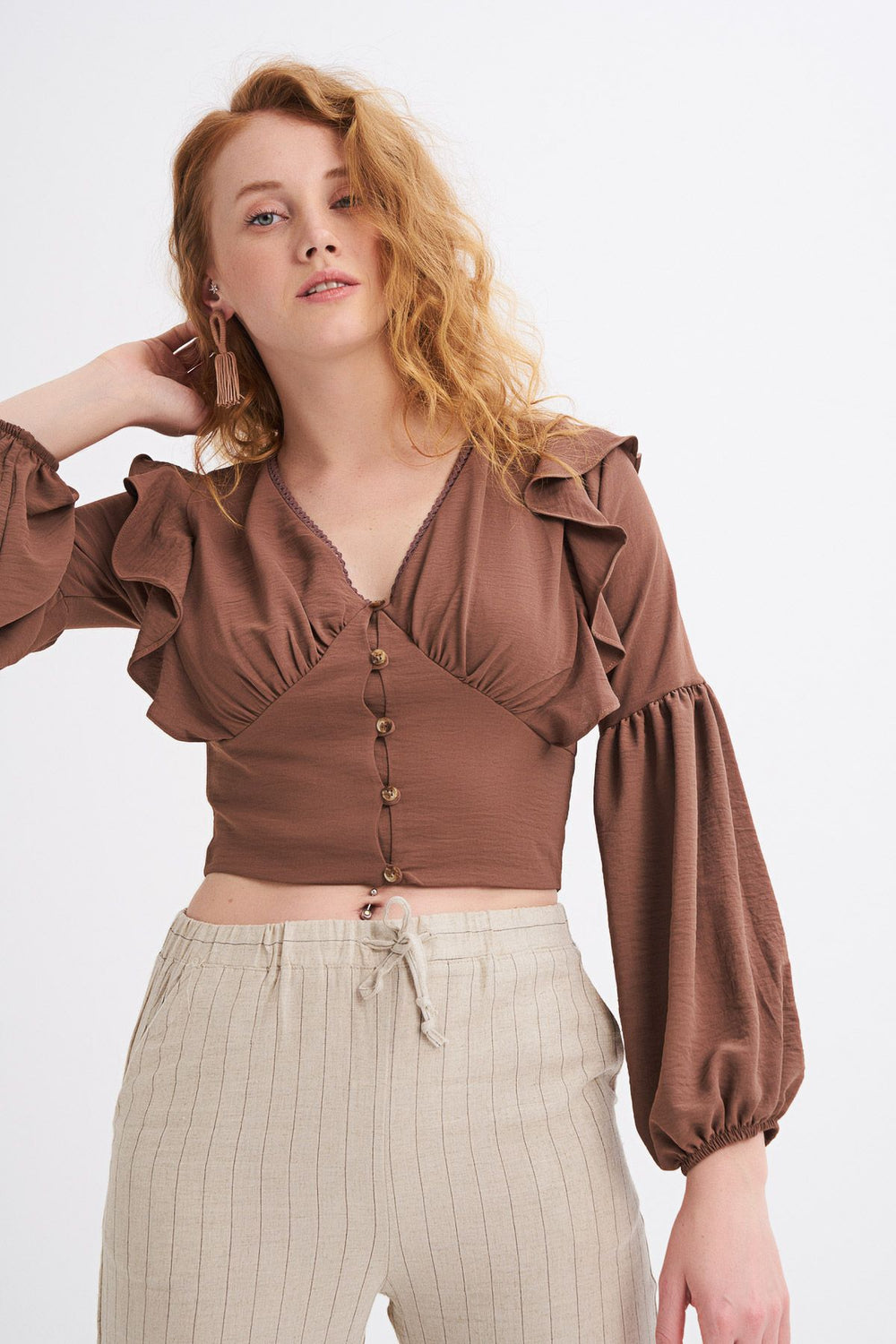 Button Front V-Neck Frill Blouse Brown