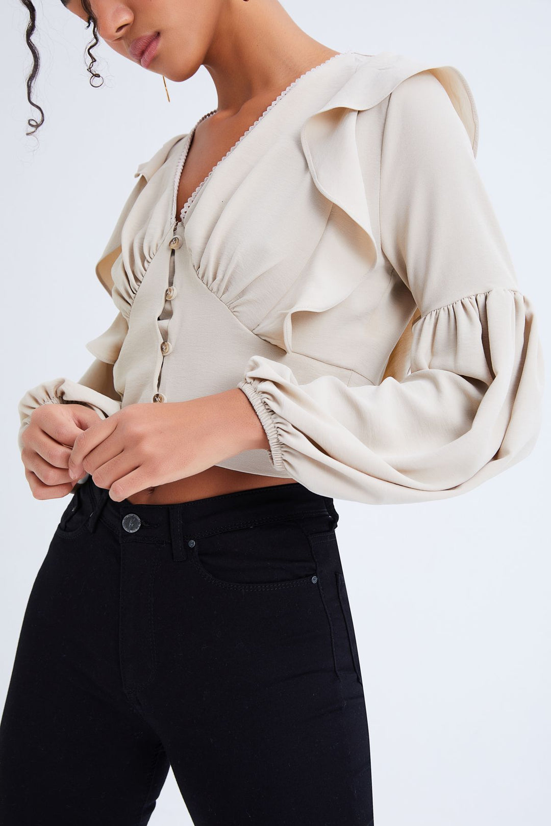 Button Front V-Neck Ruffle Blouse Stone