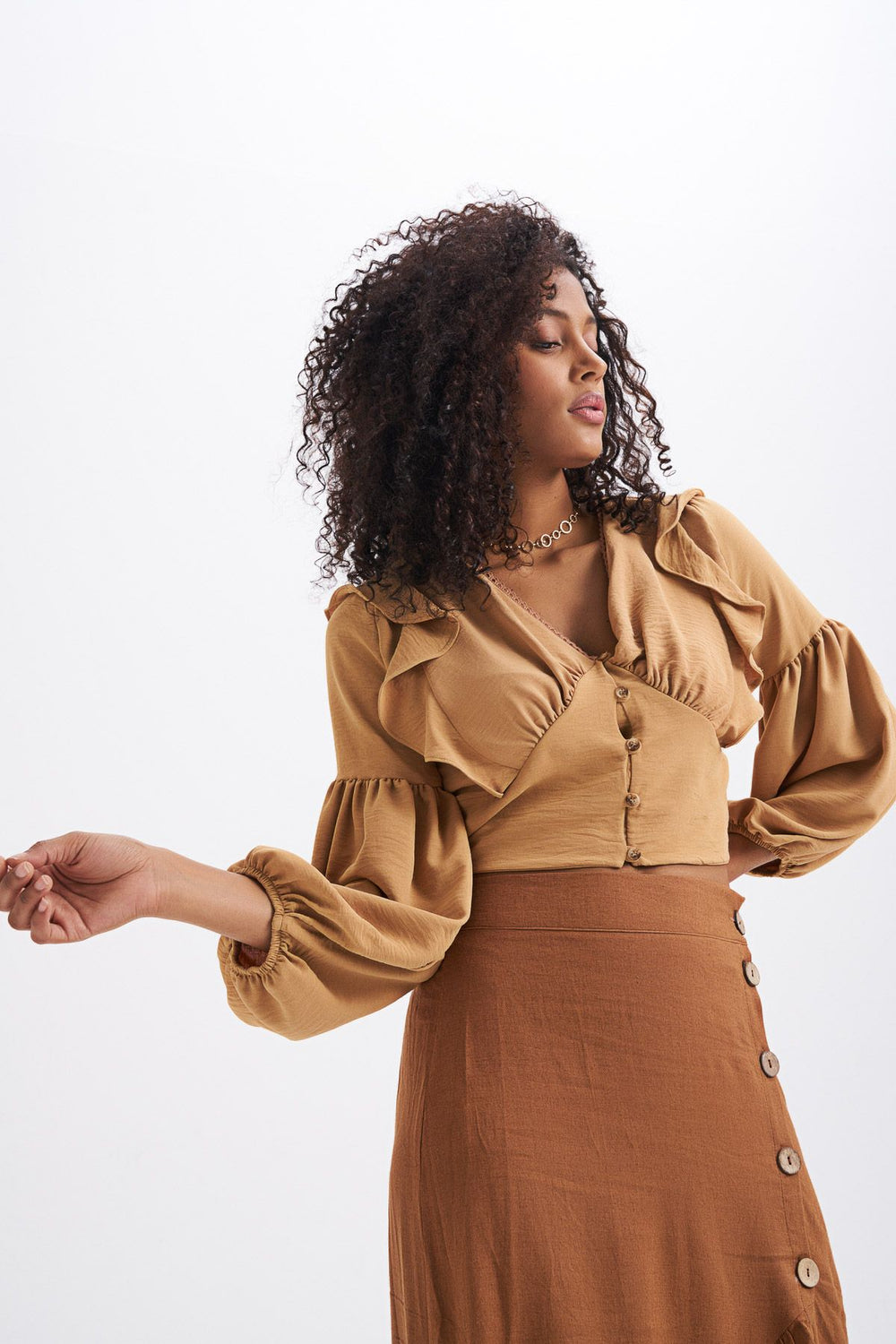 Button Front V-Neck Ruffle Blouse Open Camel