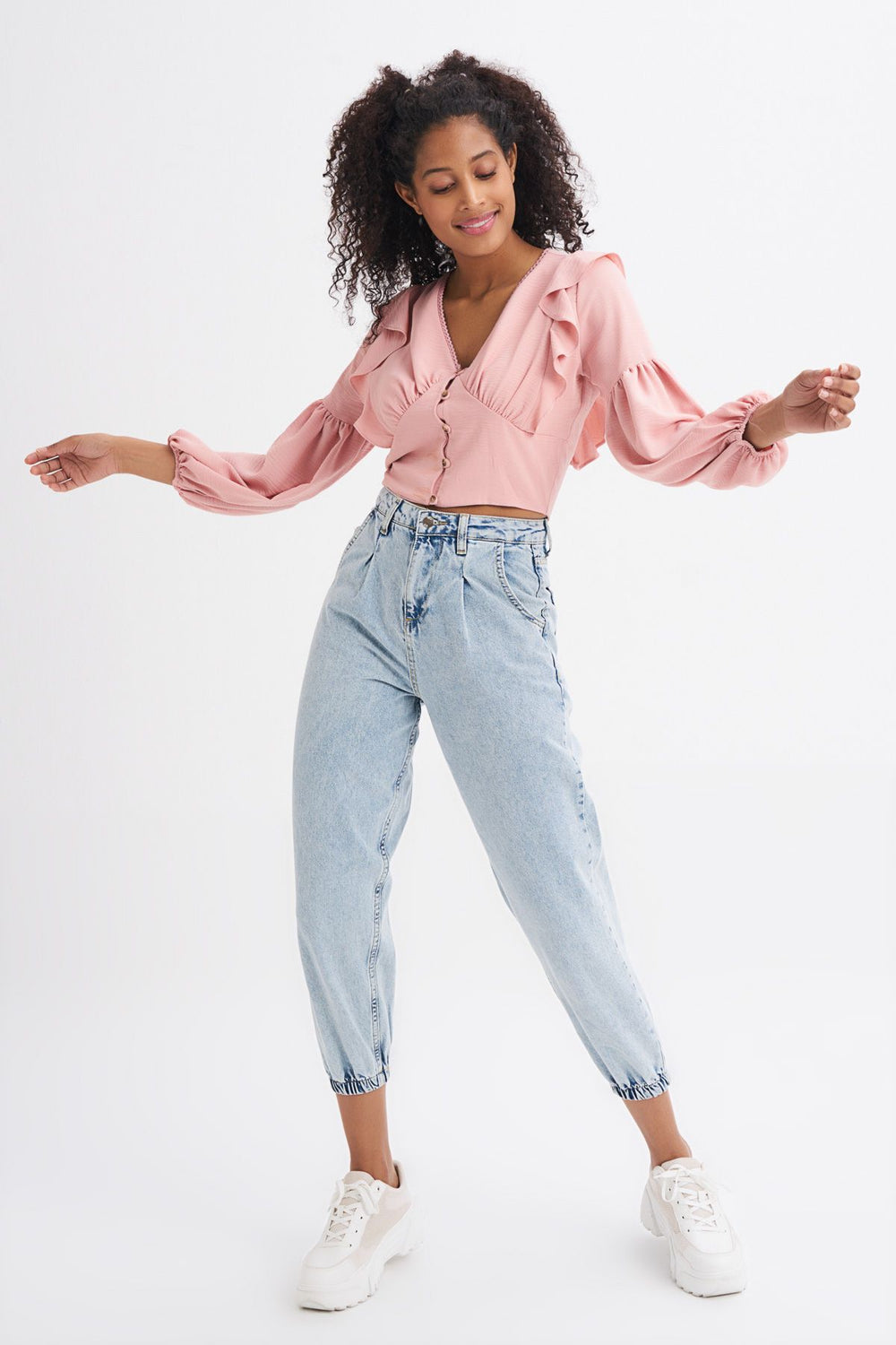 Button Front V-Neck Ruffle Blouse Rose