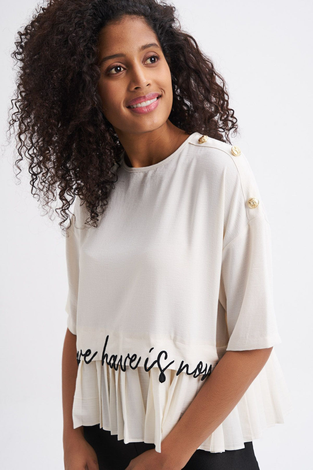 Button Accessory Embroidered Frilly Blouse Ecru