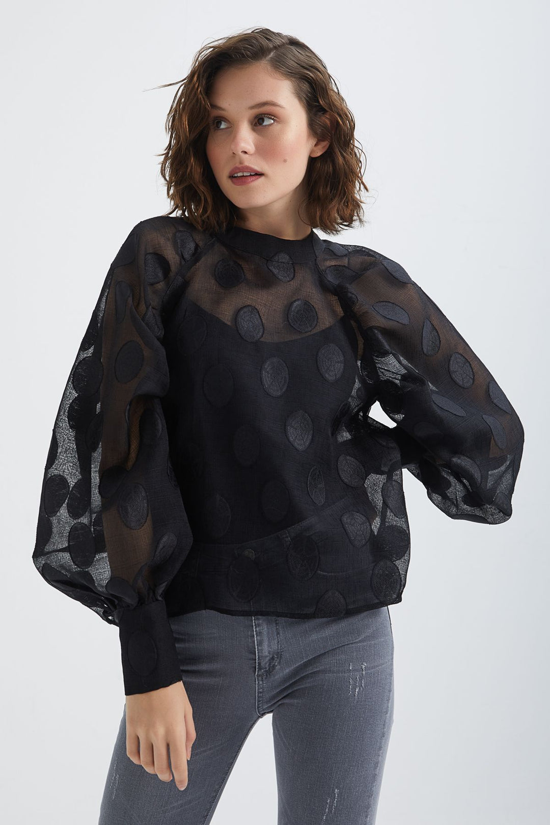Polka Dot Balloon Sleeve Blouse Black