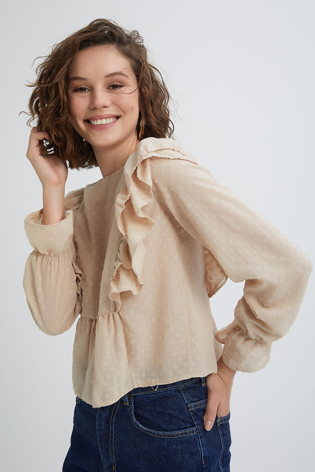 Fırfırlı Bluz Bej