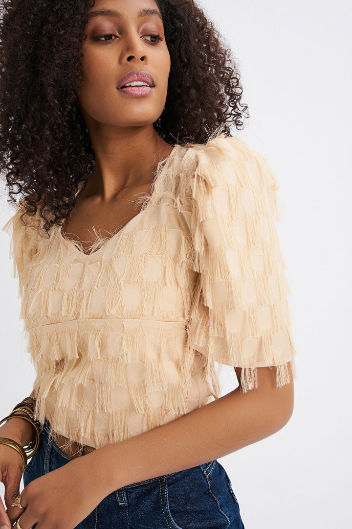 Tasseled Balloon Sleeve Blouse Beige