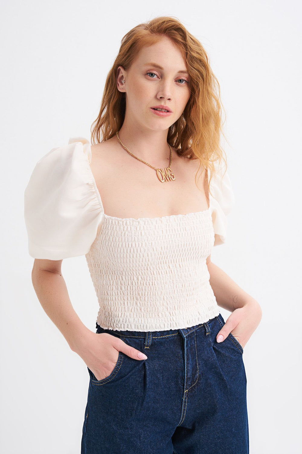 Balloon Sleeve Gipe Blouse Ecru