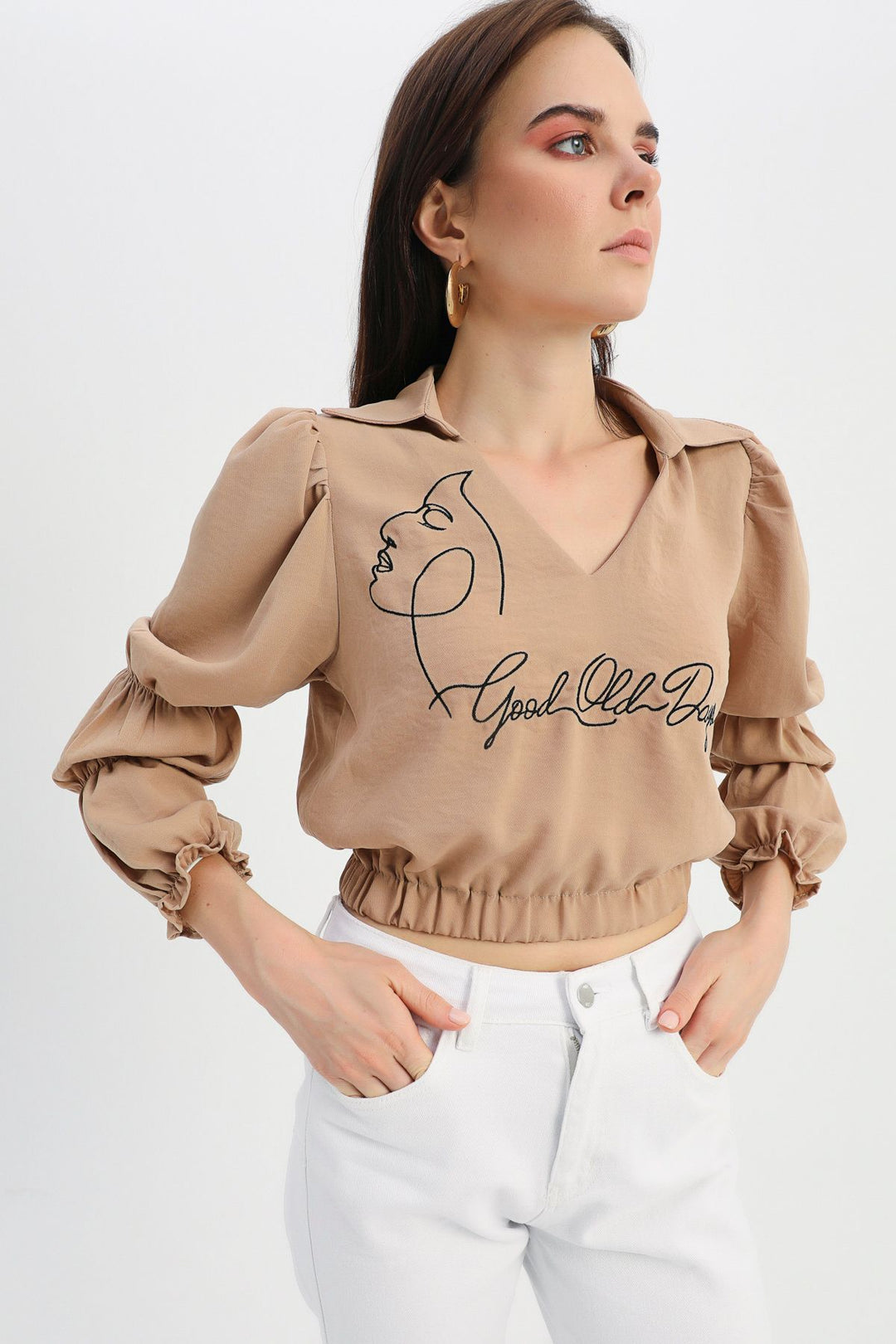 Embroidered V Neck Blouse Camel