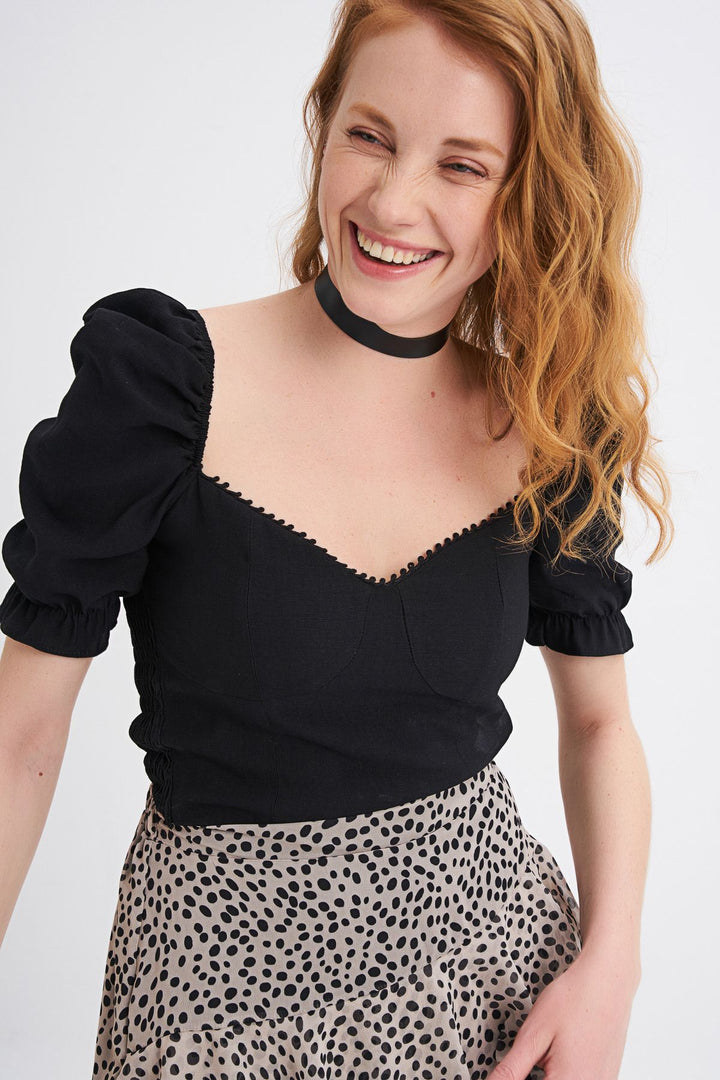 Balloon Sleeve V Neck Crop Blouse Black