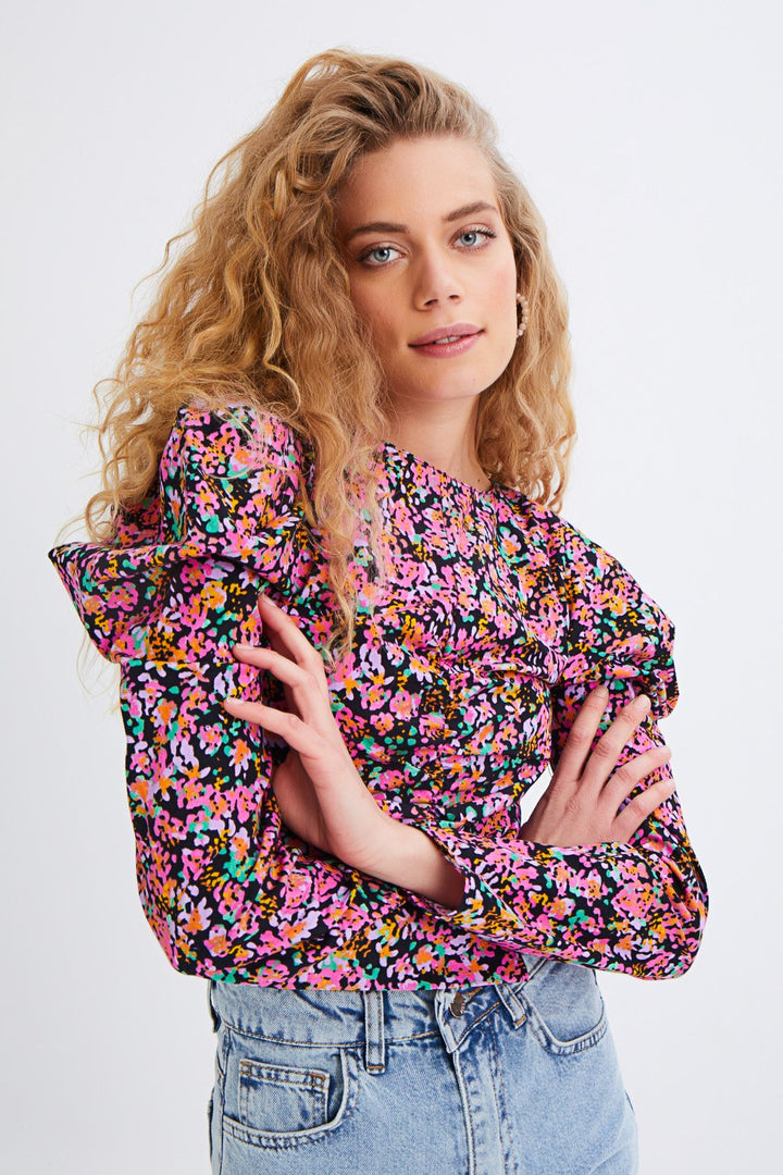 Desenli Karpuz Kol Bluz Fuşya