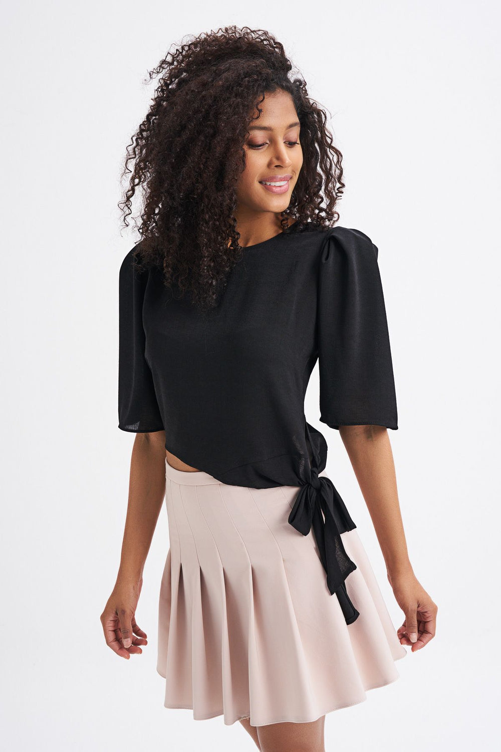 Side Tie Waistband Blouse Black