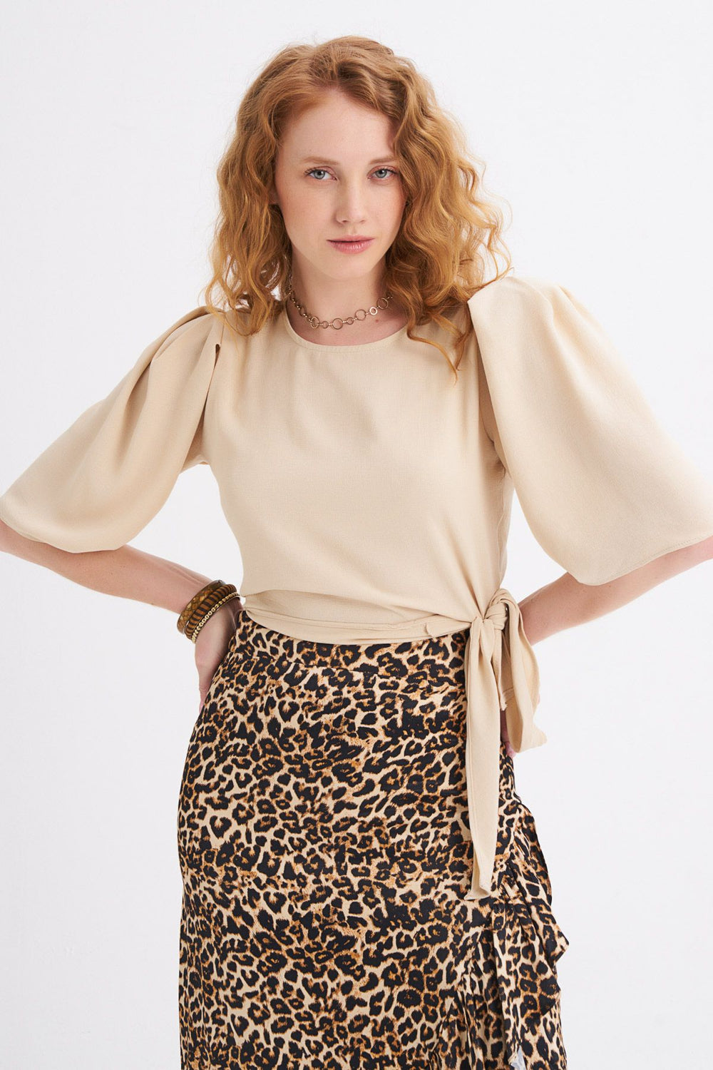 Side Tie Waistband Blouse Beige