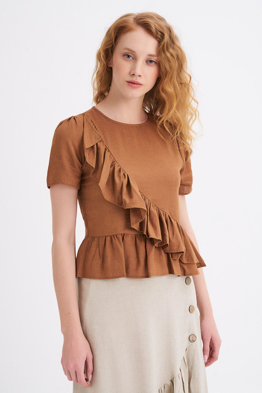 Ruffle Linen T-Shirt Brown