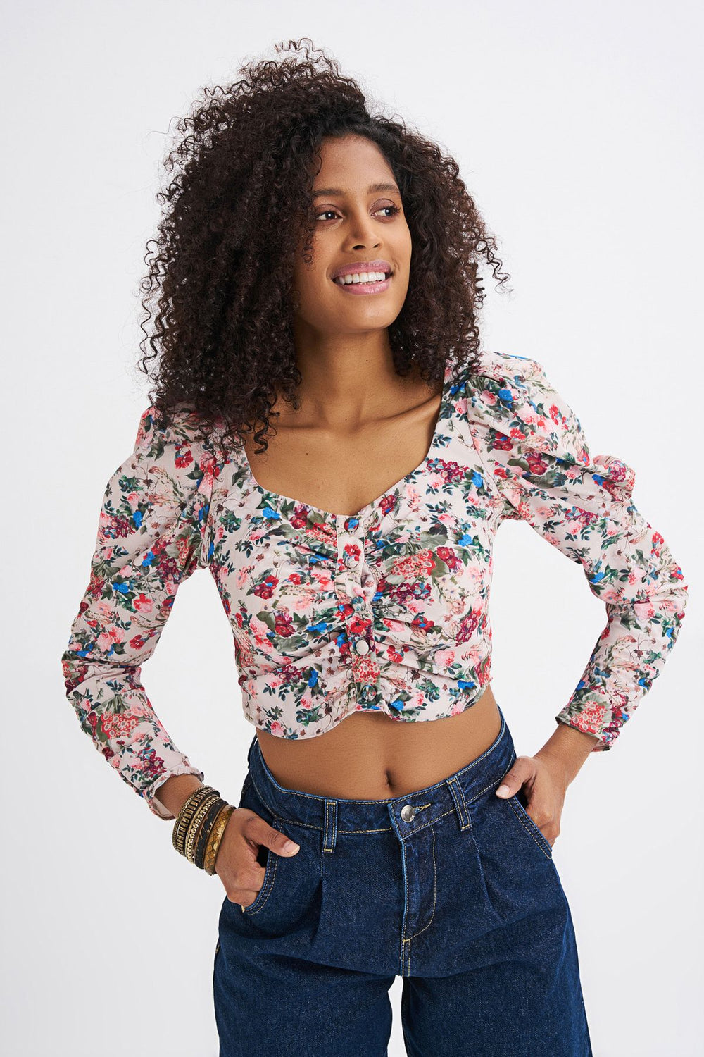 Floral Patterned Button Front Waistband Blouse Beige