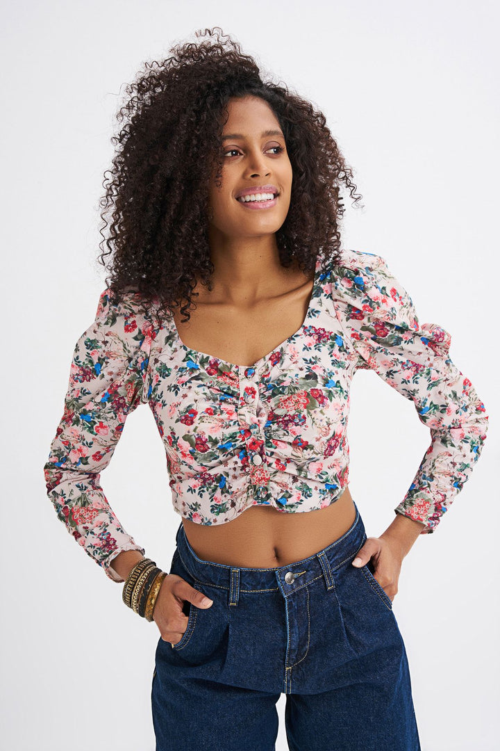 Floral Patterned Button Front Waistband Blouse Beige