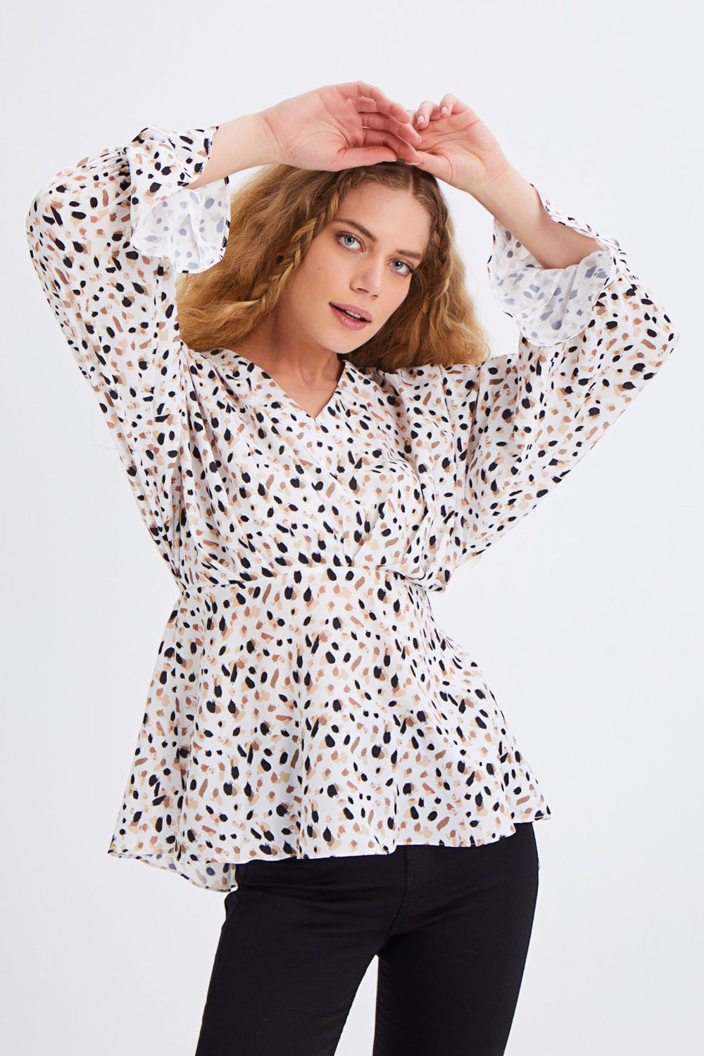 Patterned V-Neck Blouse Ecru
