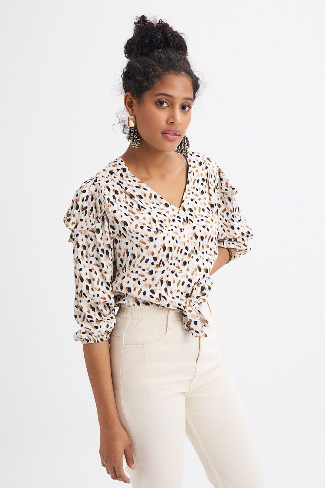 Patterned Tie Front Blouse Ecru