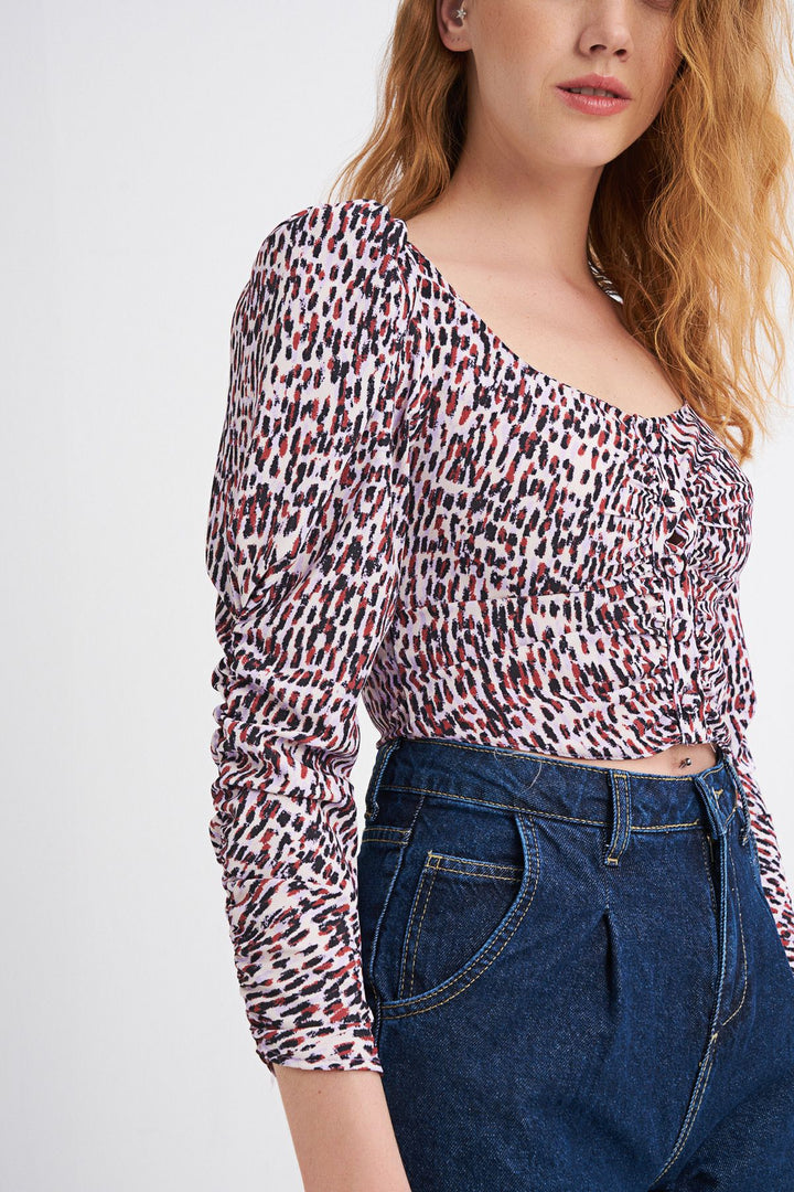 Patterned Front Buttoned Sleeves Gathered Blouse Lilac