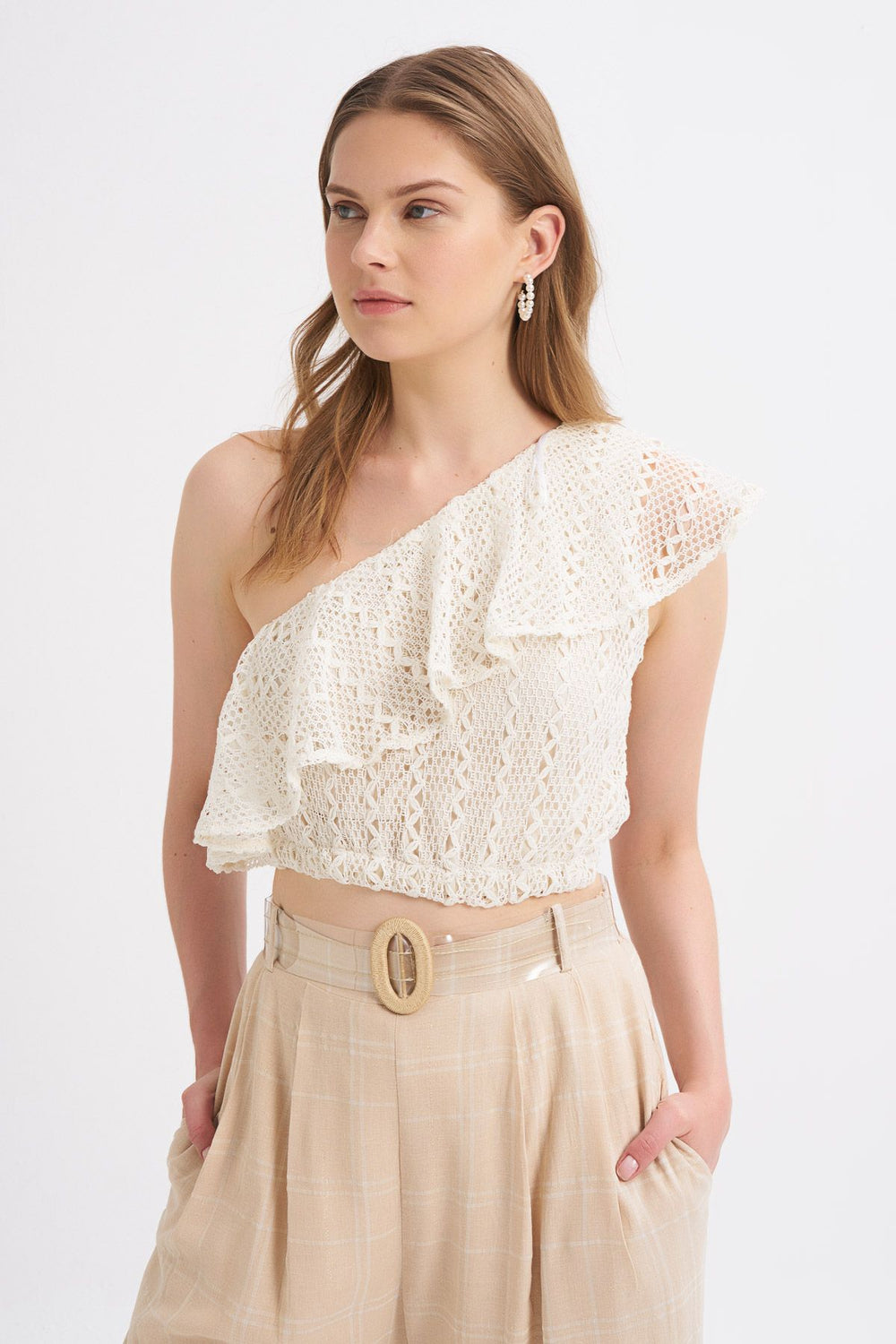 Ruffle One Shoulder Blouse Ecru