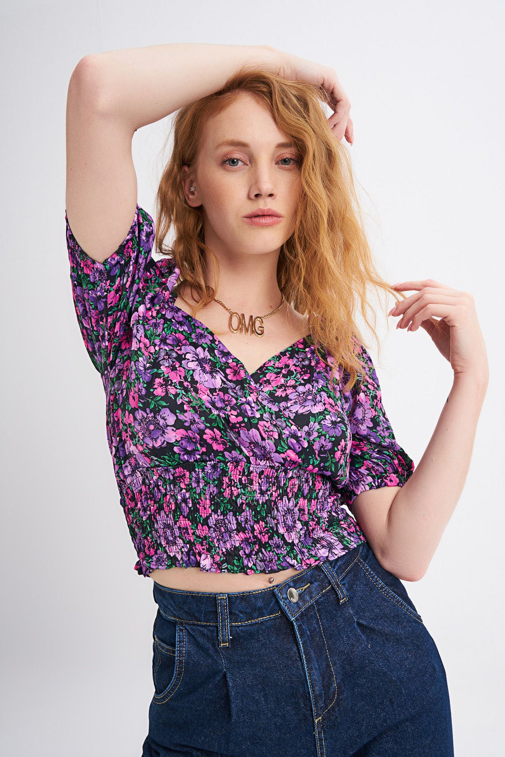 Floral Patterned Double Breasted Gipe Detailed Blouse Purple