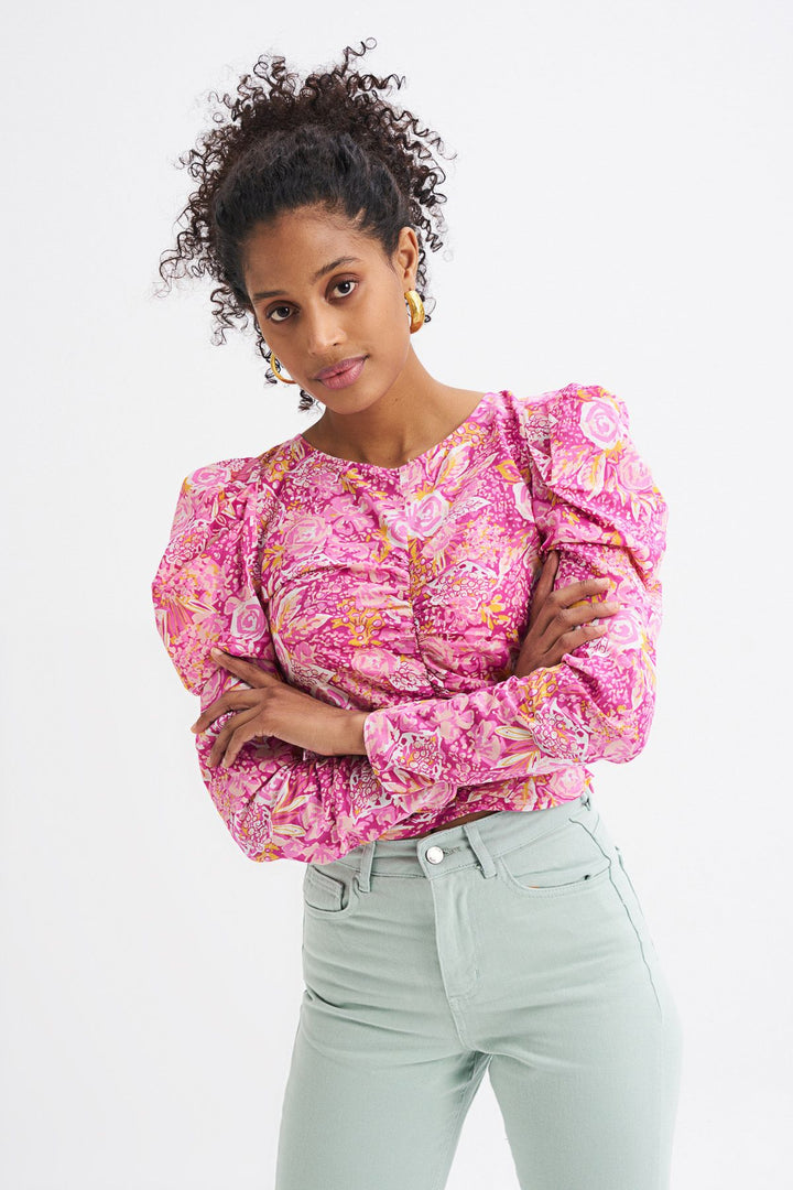 Floral Patterned Ruffle Detailed Blouse Pink