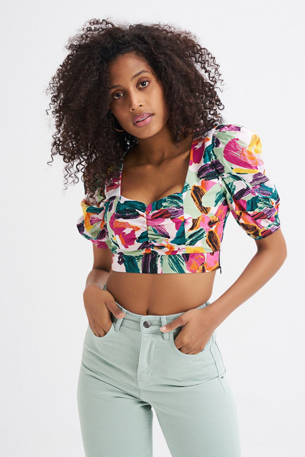 Patterned V Neck Crop Blouse Fuchsia