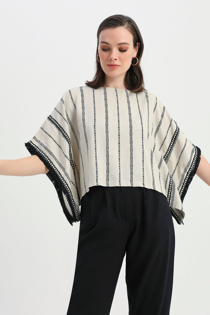 Patterned Tassel Detailed Linen Poncho Natural