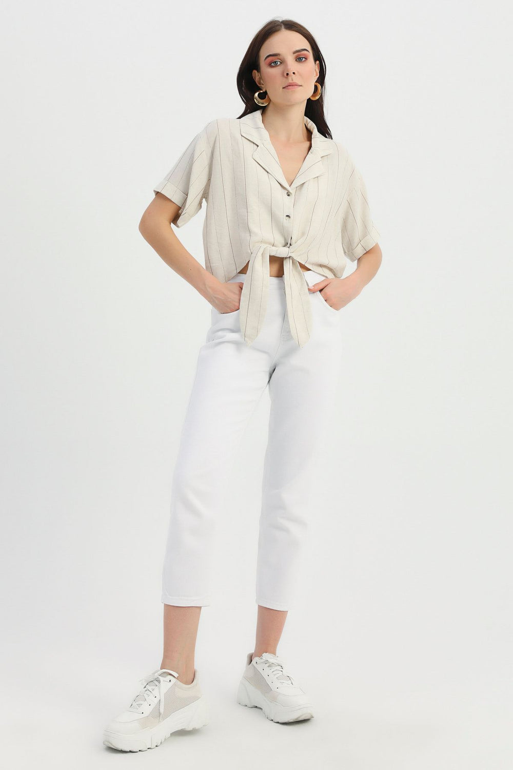 Tie Front Linen Blouse Brown