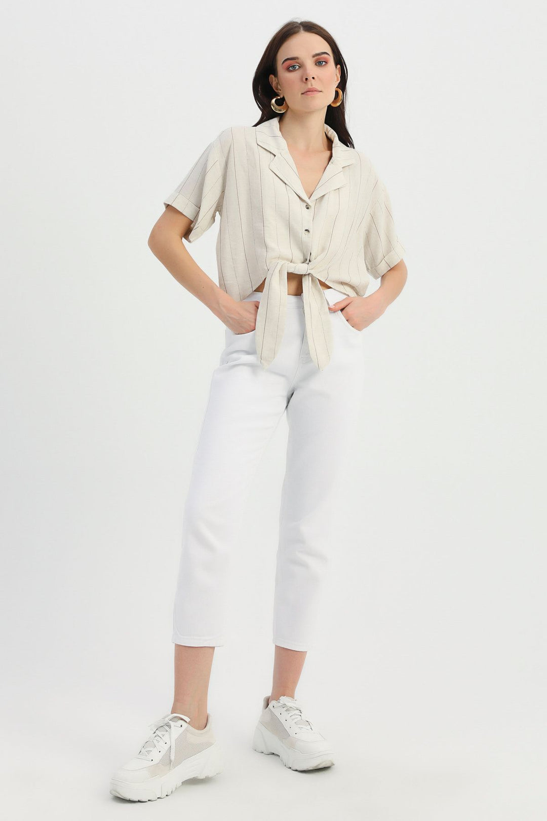 Tie Front Linen Blouse Brown