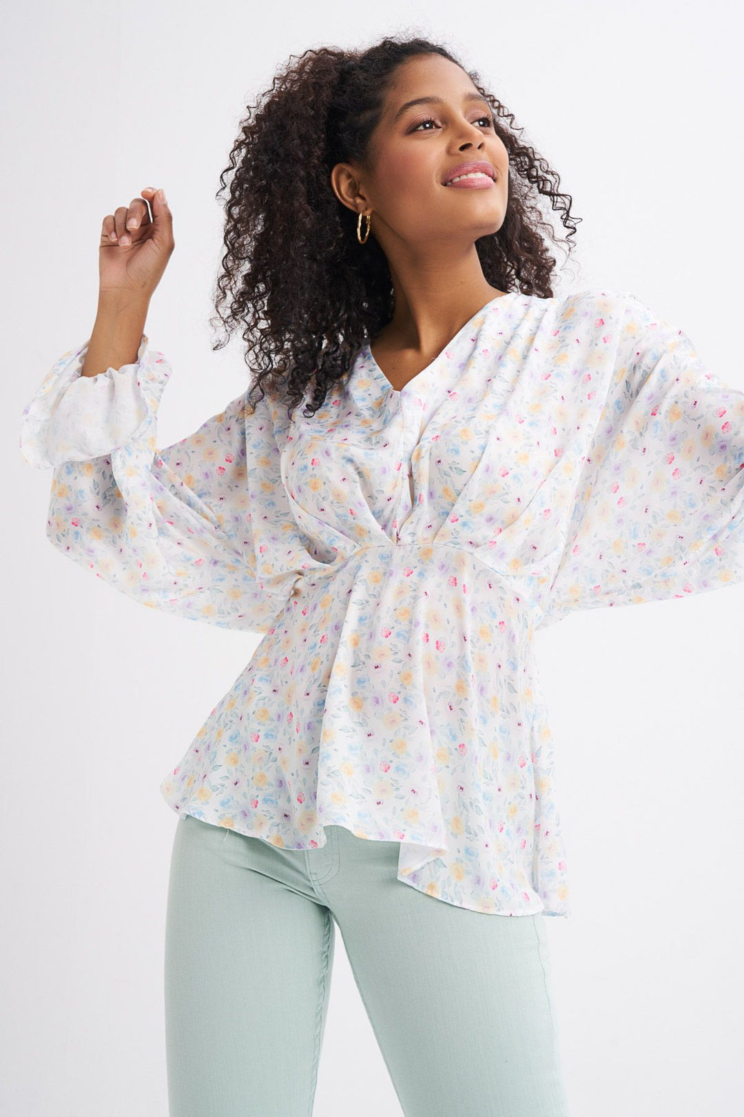 V-Neck Blouse Ecru with Pleated Sleeves