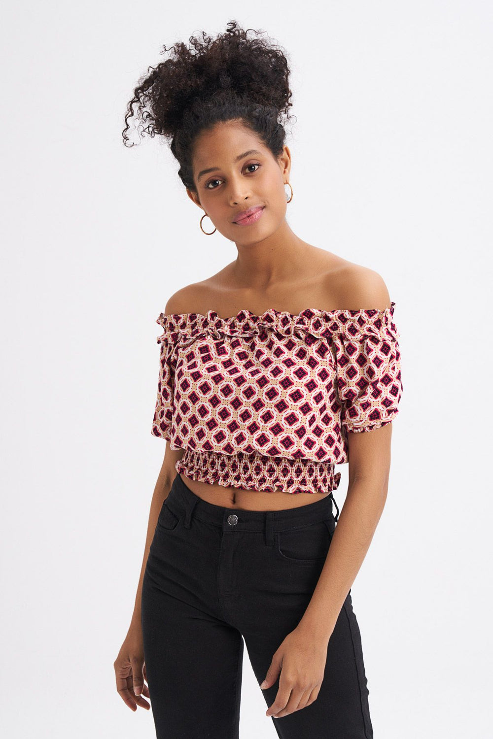 Patterned Off Shoulder Ruffle Detailed Blouse Claret Red