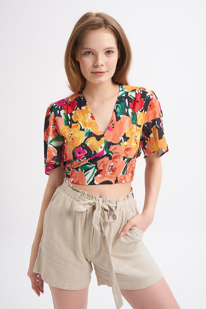 Patterned Tie Back Flywheel Sleeve Blouse Orange