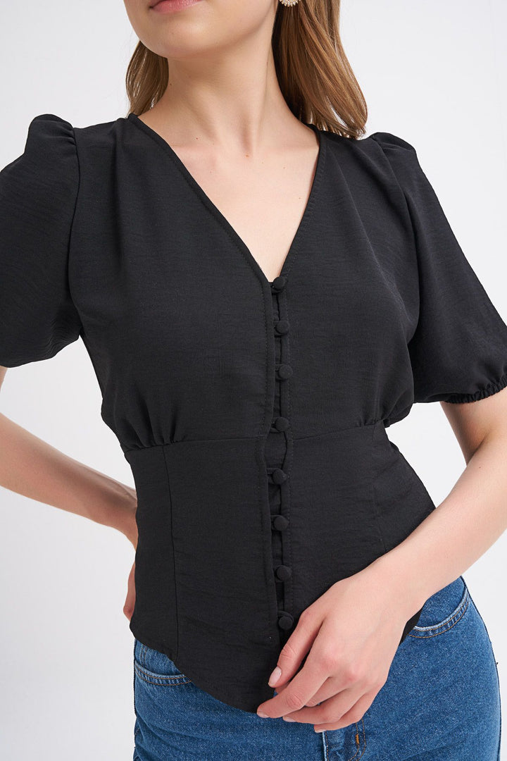 Balloon Sleeve Front Buttoned Tie Detailed Blouse Black