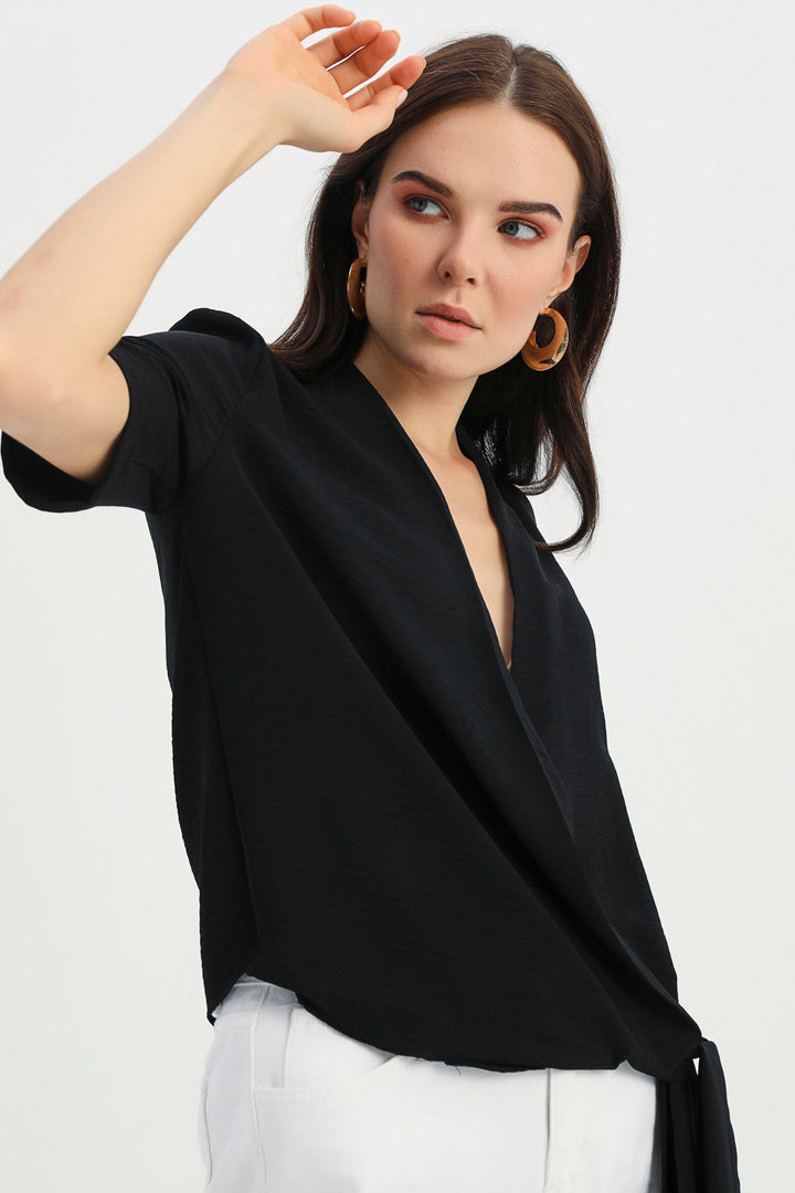 Side Tie Double Breasted Blouse Black