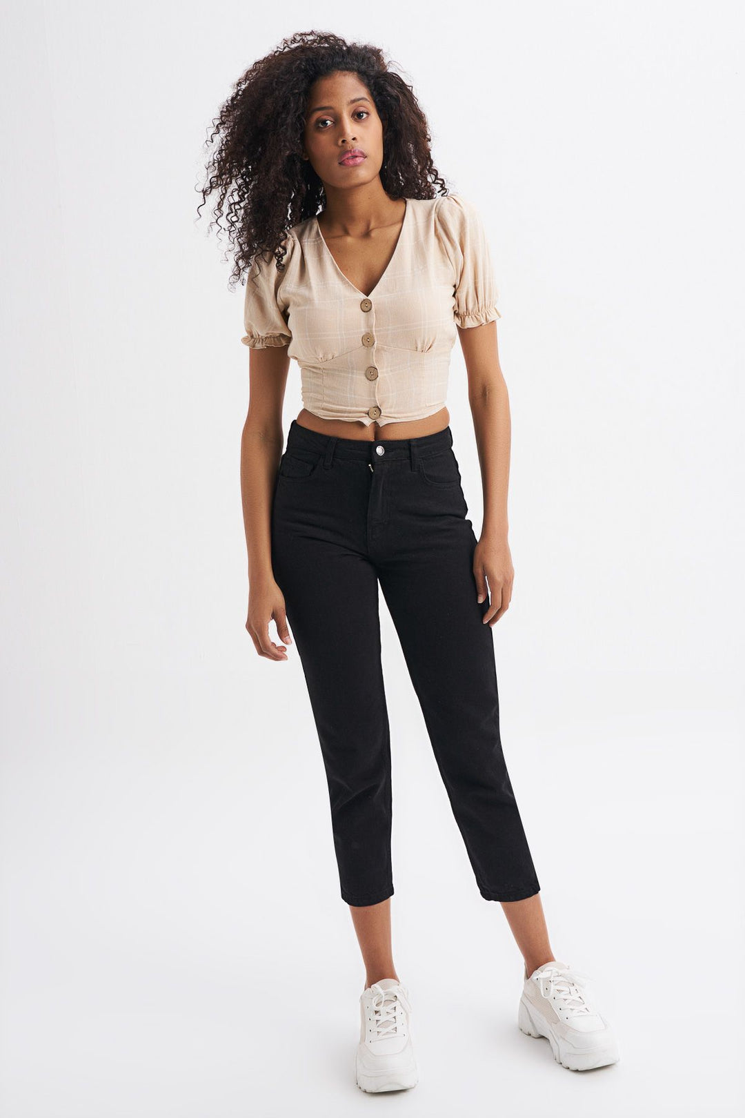 V Neck Plaid Linen Blouse Beige