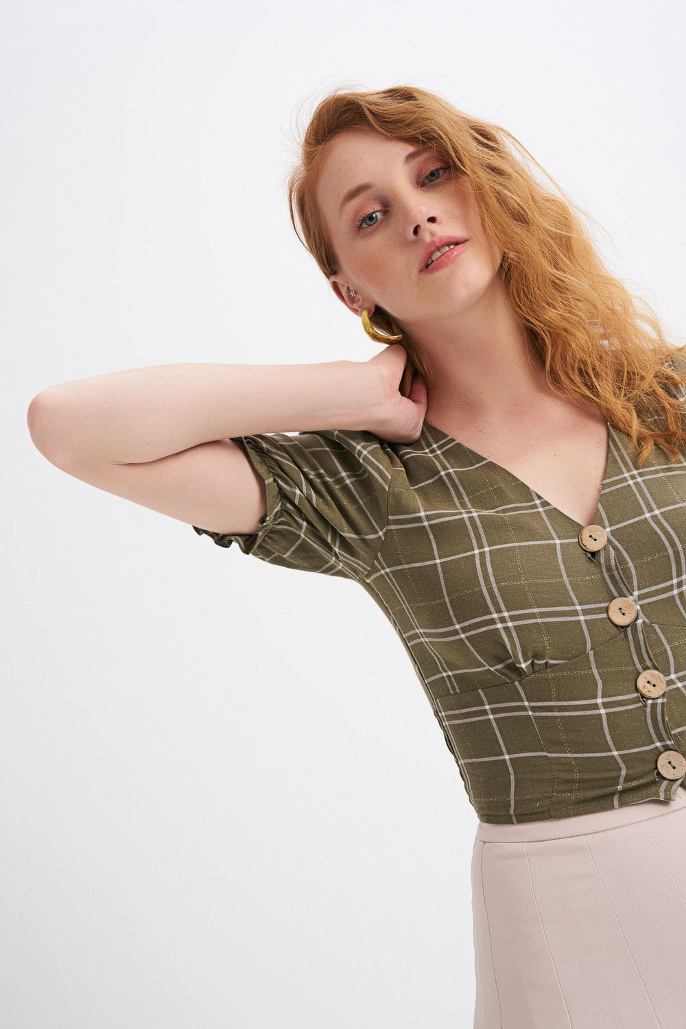 V Neck Plaid Linen Blouse Khaki