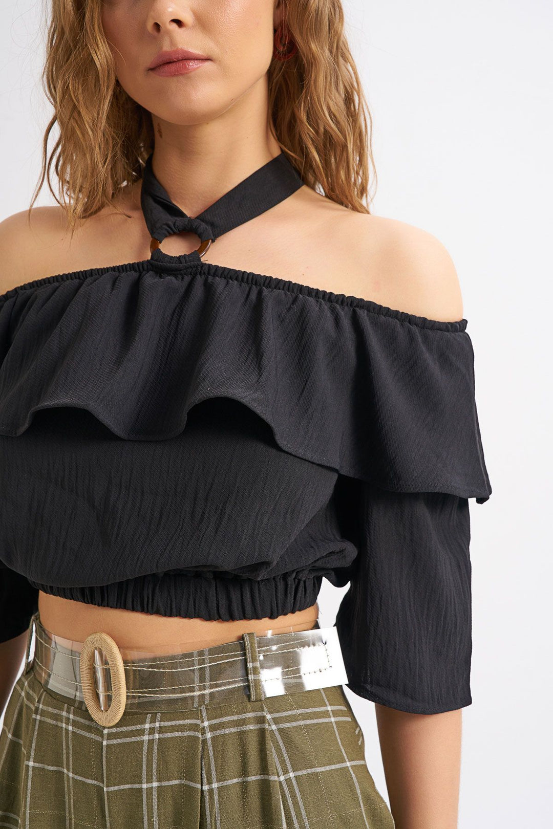 Halter Neck Detailed Flounce Blouse Black
